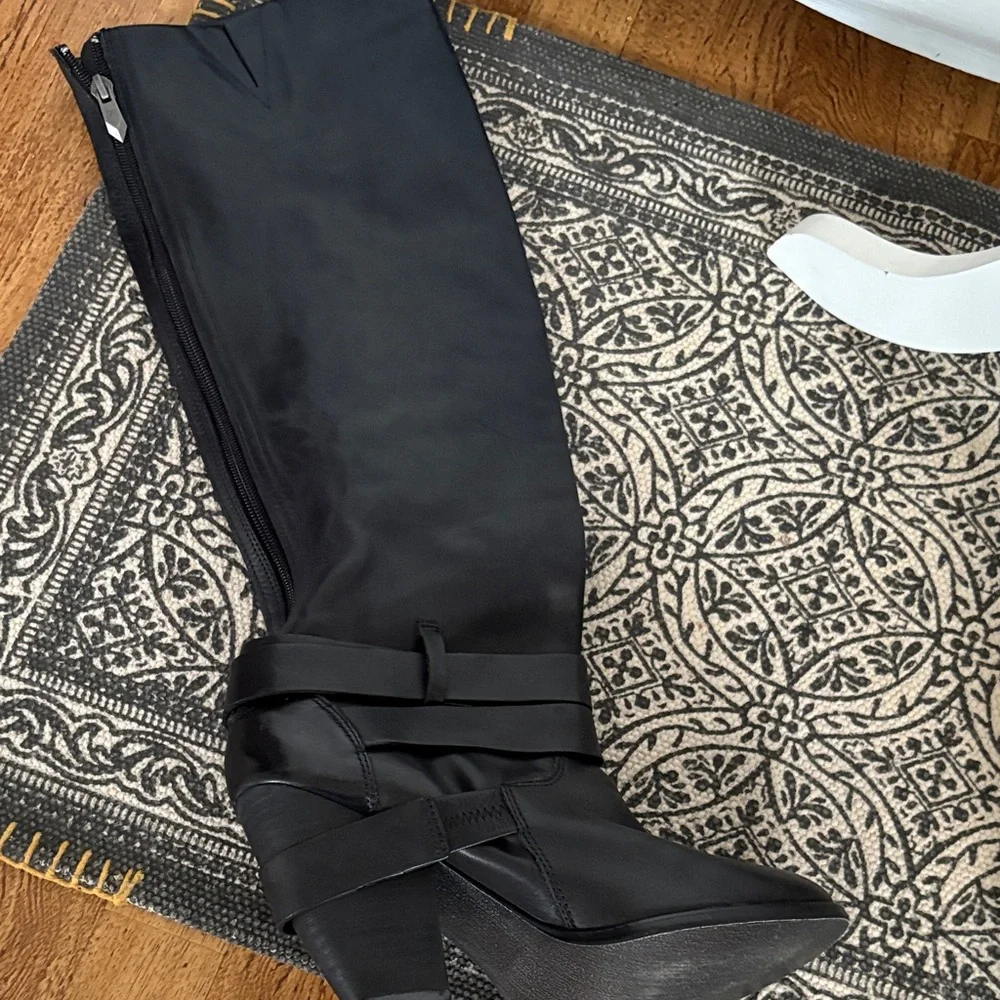 Fergie Black Leather Over-the-Knee Buckle Boots